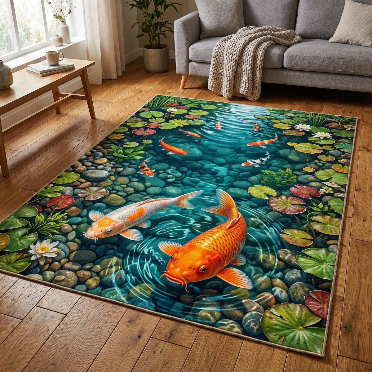 Golden Koi area rug in a living room