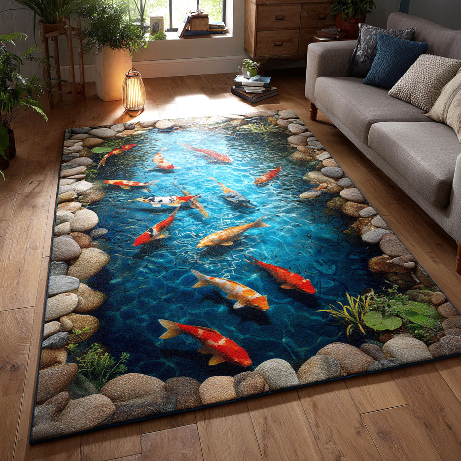 Golden Koi Pool area rug in a living room