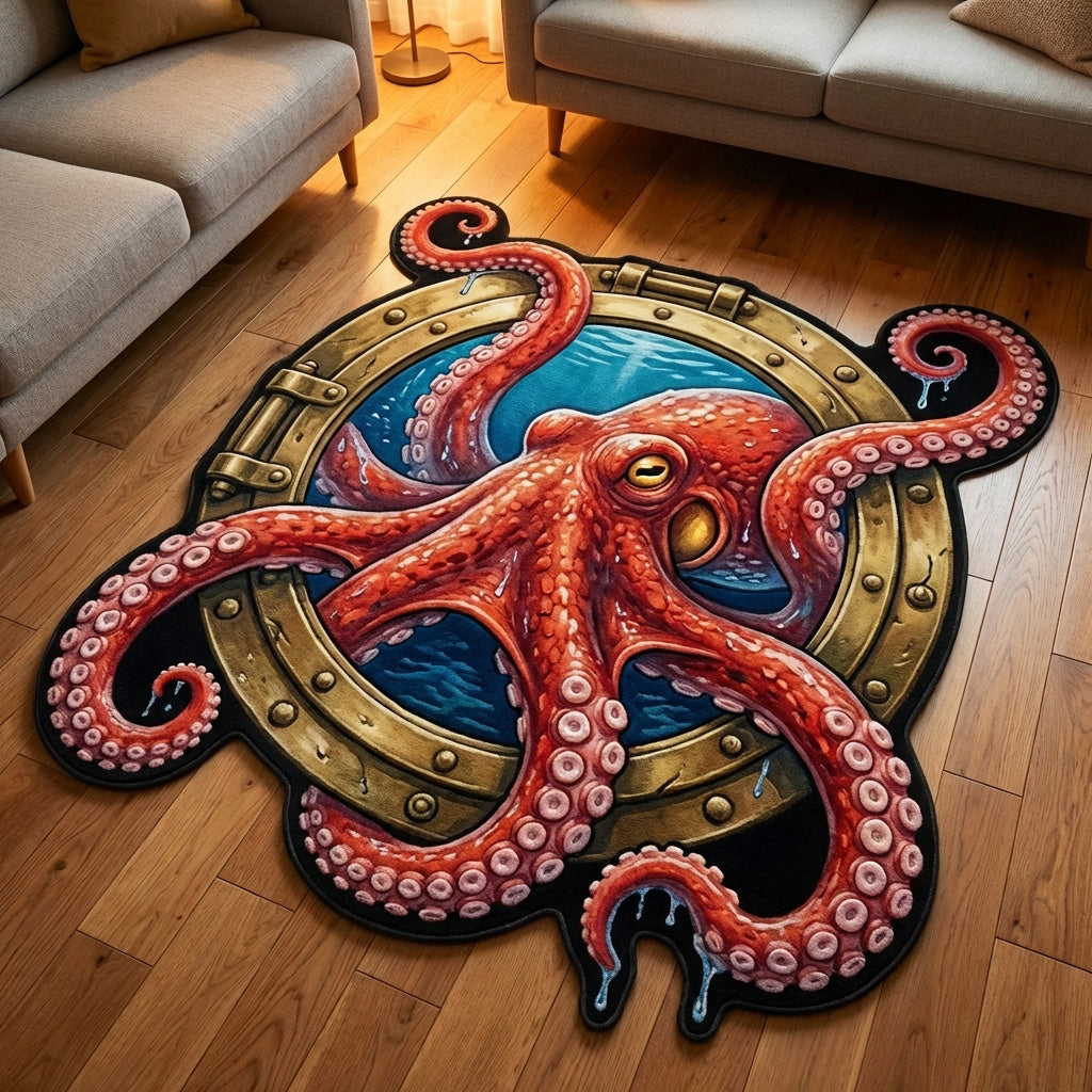 Golden Kraken Custom Shape Area Rug - Nature Design | Die-Cut Non-Slip Rug - washable non-slip printed rug