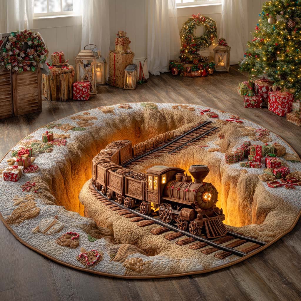 Golden Lantern Railway Round Mat Rug - washable non-slip printed rug