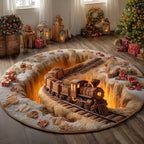 Golden Lantern Railway Round Mat Rug - washable non-slip printed rug