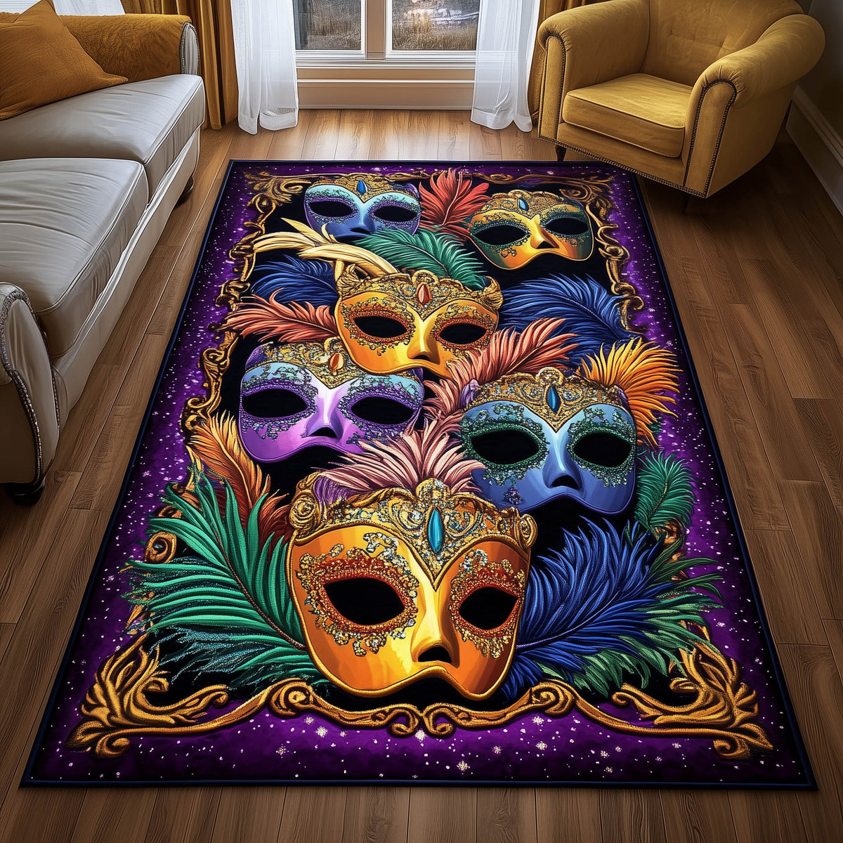 Golden Masquerade area rug in a living room