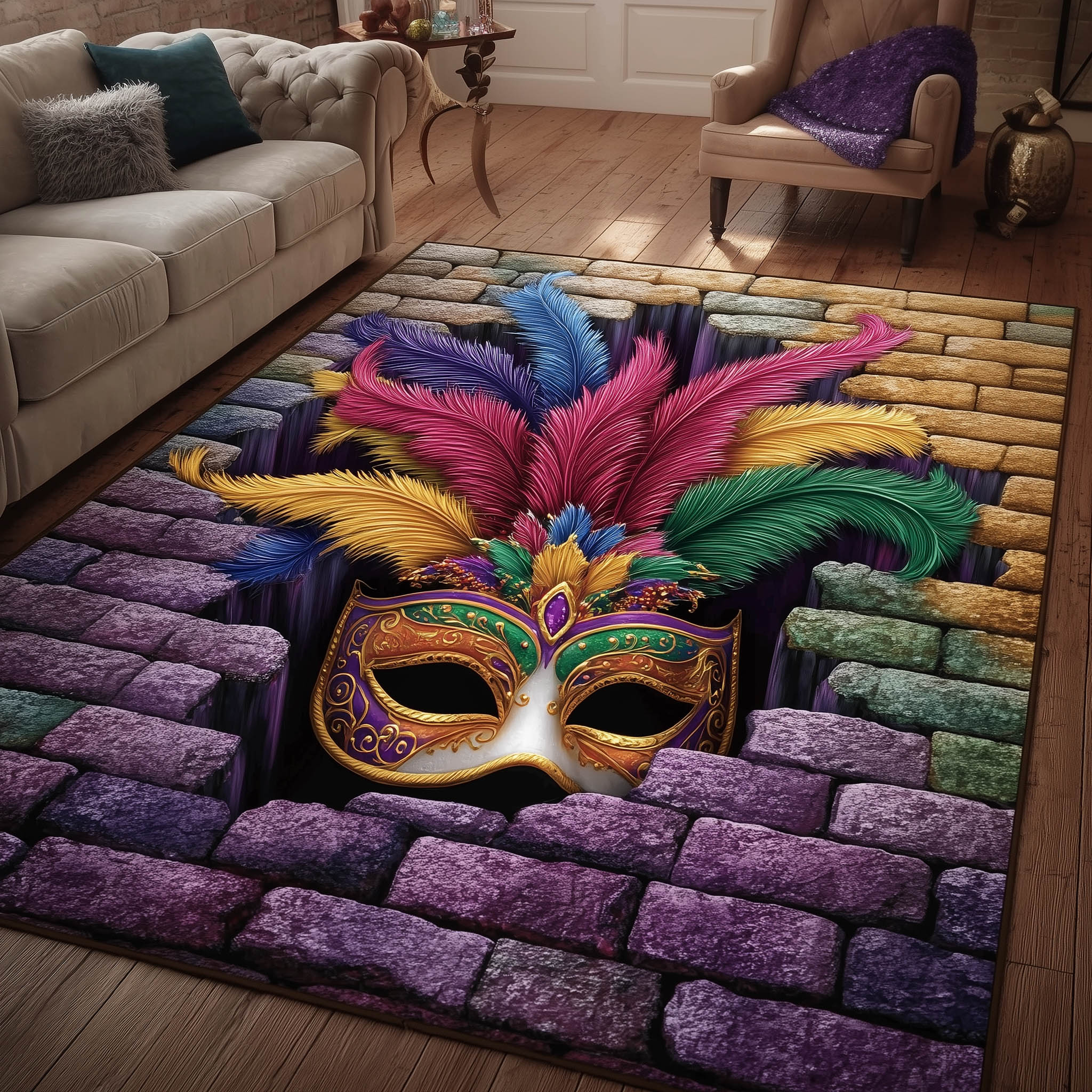 Golden Masquerade area rug in a living room