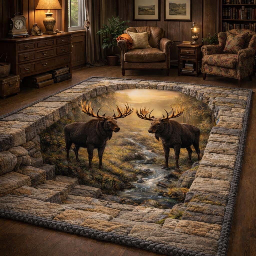 Golden Meadow Moose area rug in a living room
