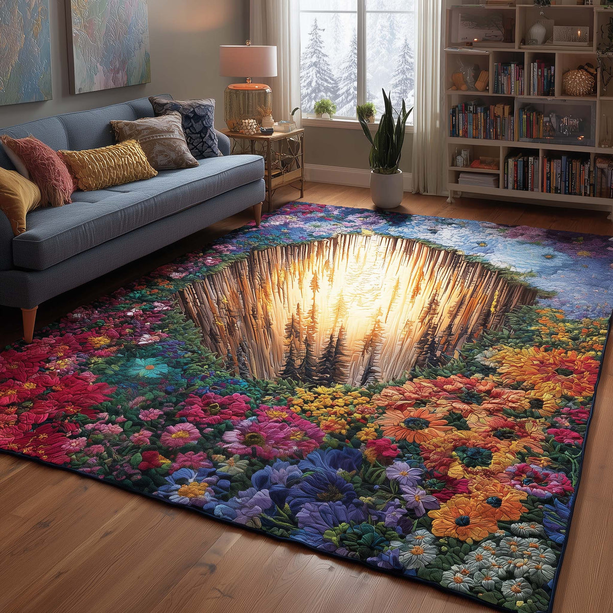 Golden Meadows area rug in a living room