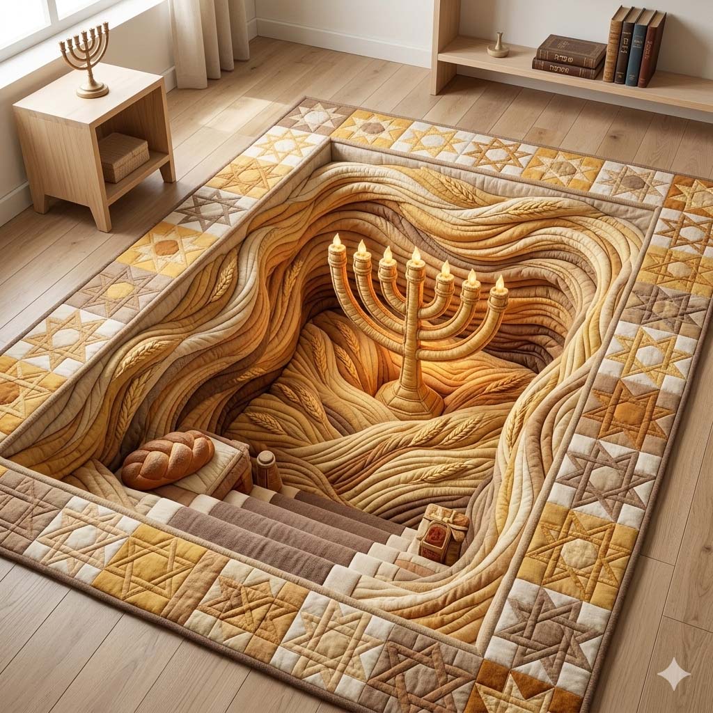 Golden Menorah area rug in a living room