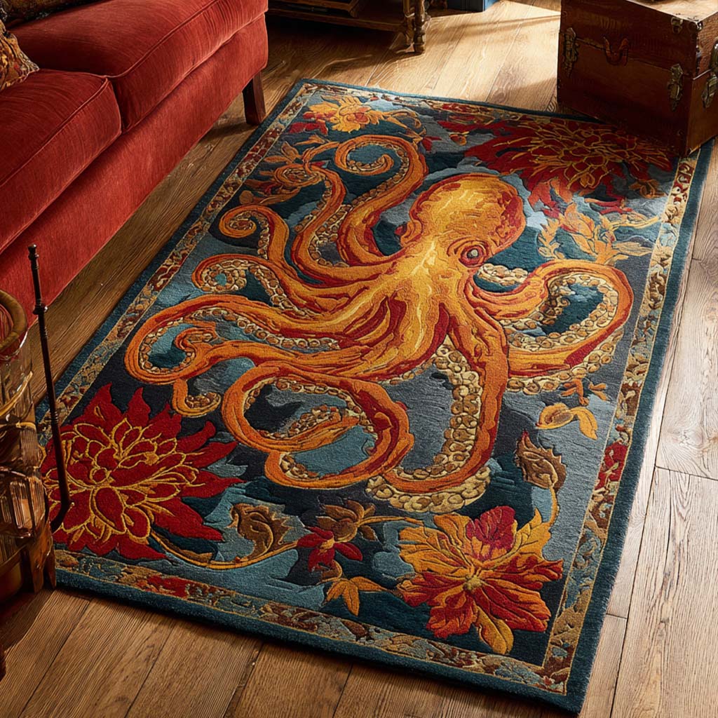 Golden Octopus area rug in a living room