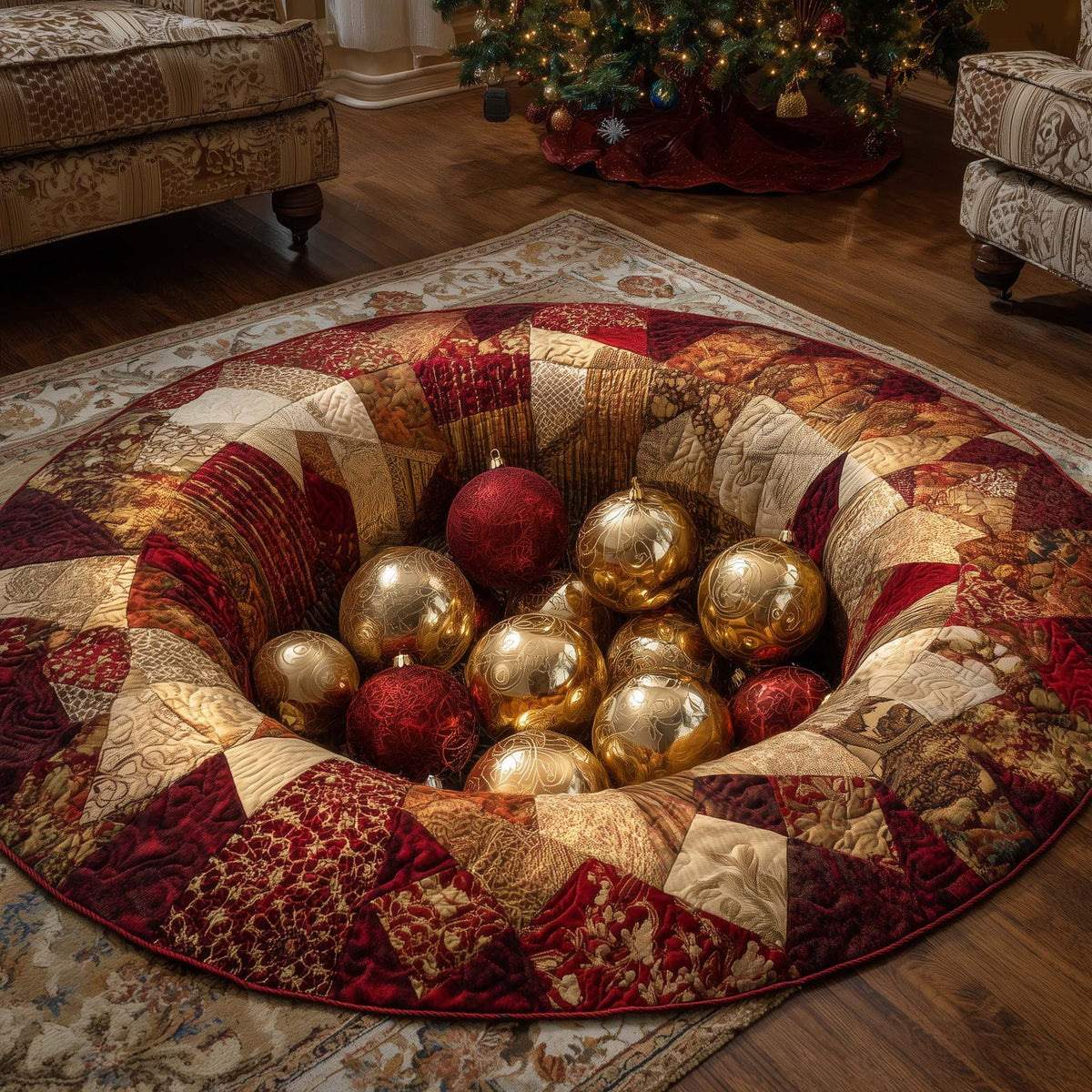 Golden Ornament Pit Round Mat Rug - washable non-slip printed rug