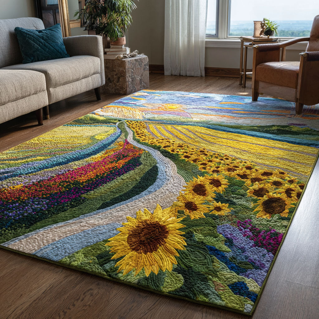 Golden Petal Pathway area rug in a living room