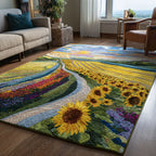 Golden Petal Pathway area rug in a living room