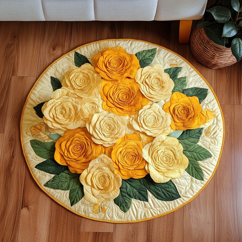 Golden Petals Round Mat Rug - washable non-slip printed rug