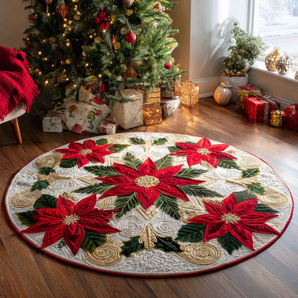 Golden Poinsettia Round Mat Rug - washable non-slip printed rug