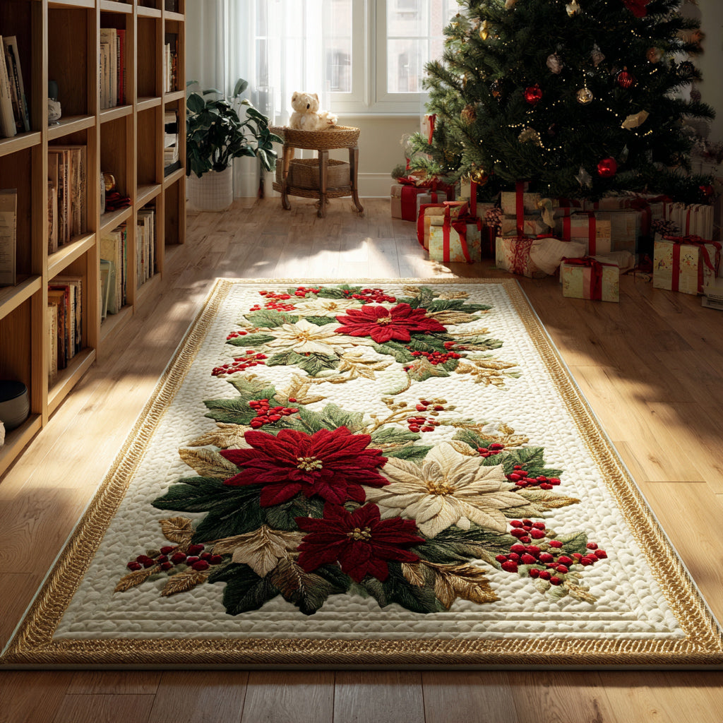 Golden Poinsettia Runner area rug in a living room