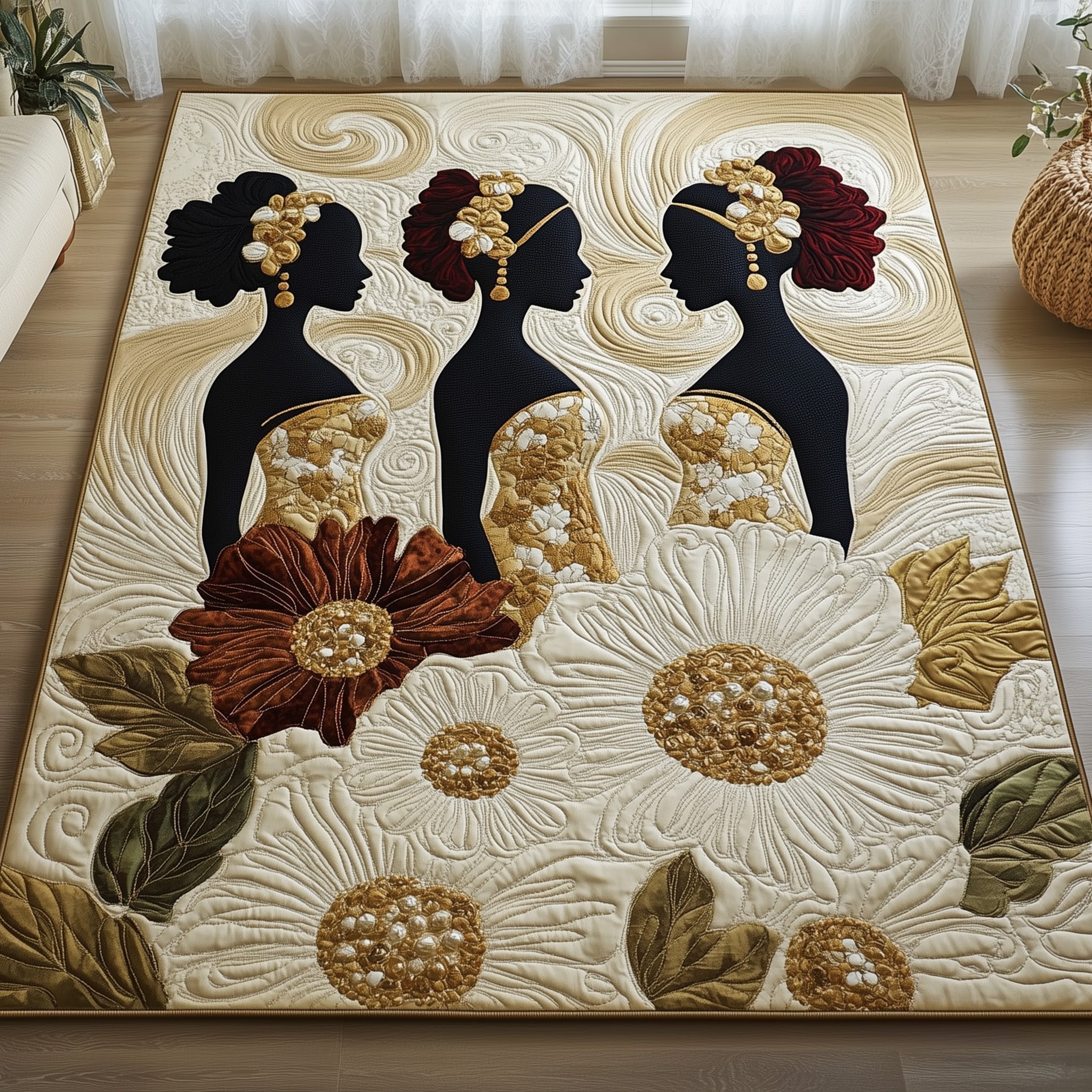 Golden Queens area rug in a living room
