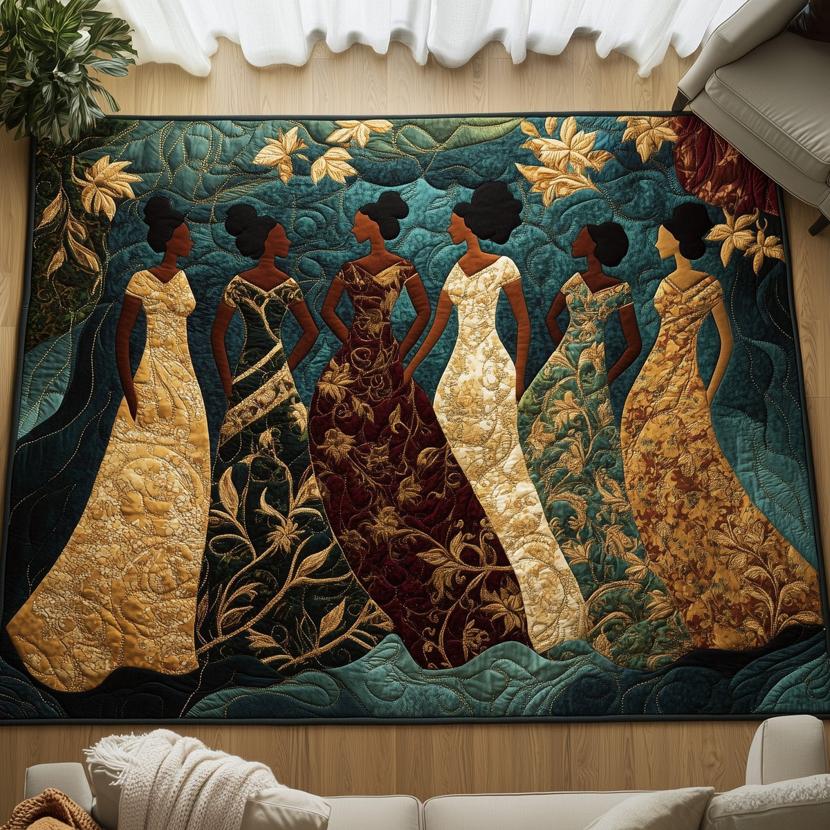 Golden Queens area rug in a living room
