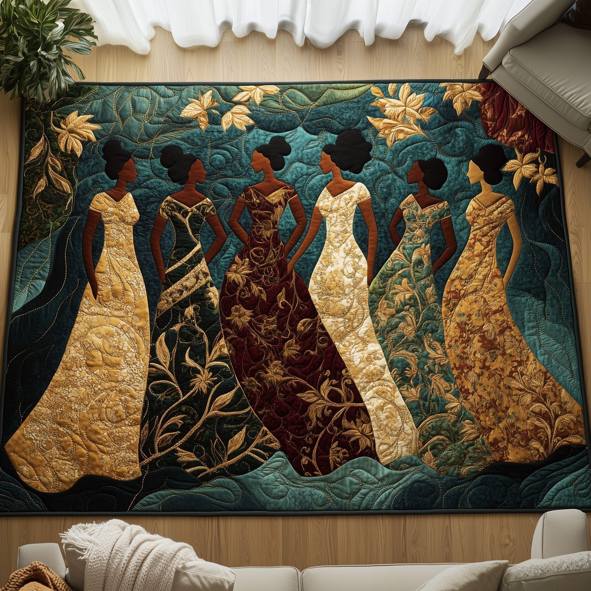 Golden Queens area rug in a living room