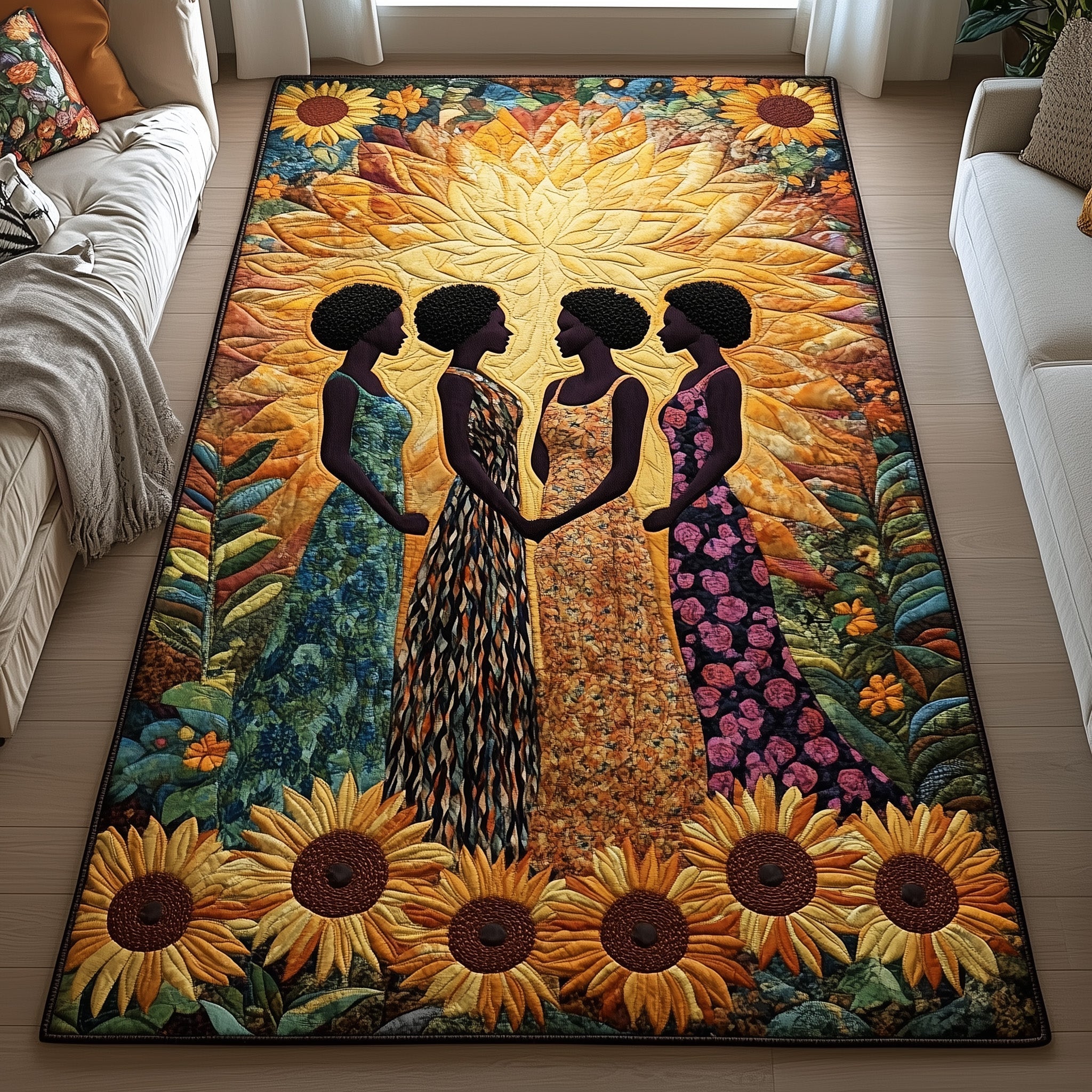 Golden Queens area rug in a living room