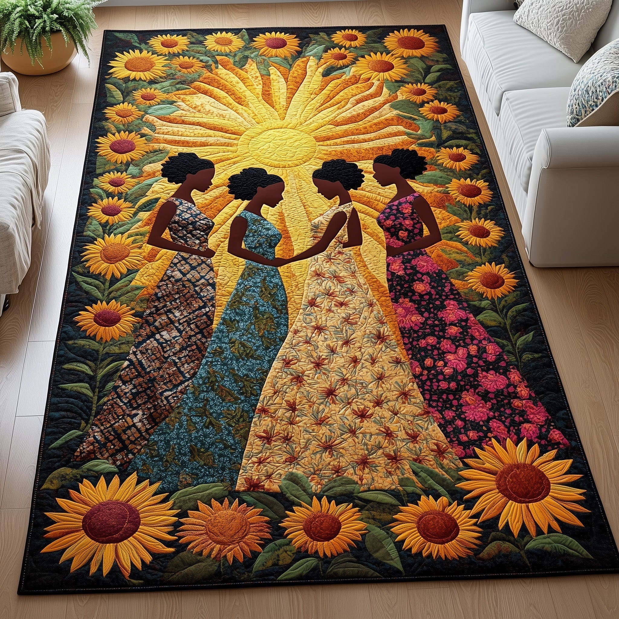Golden Queens area rug in a living room