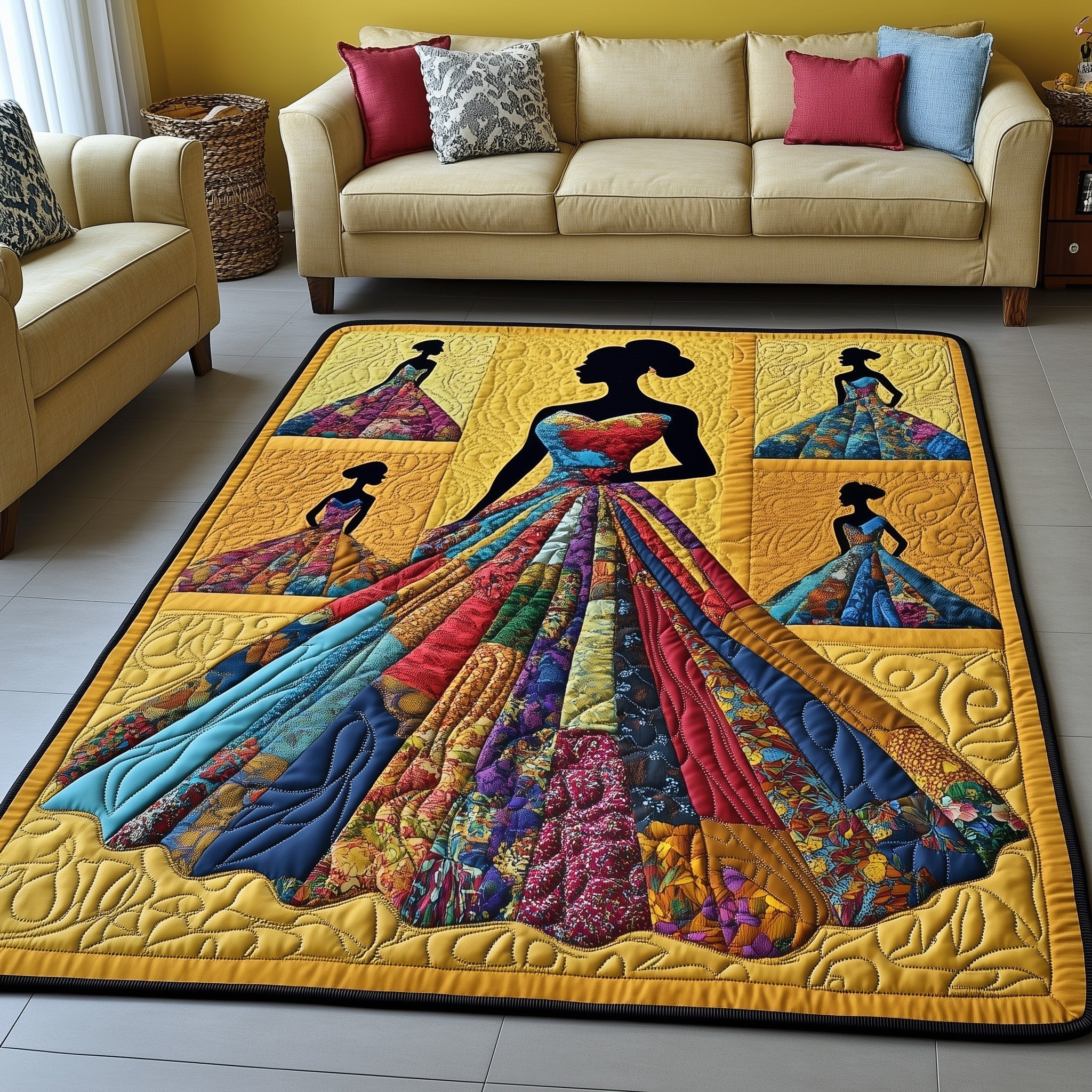 Golden Queens area rug in a living room
