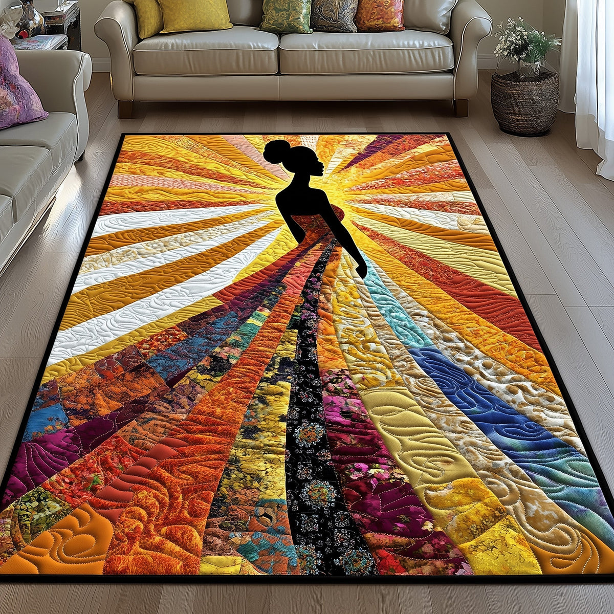 Golden Queens area rug in a living room