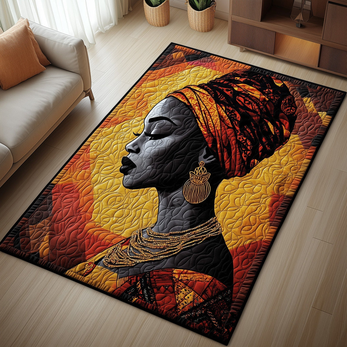 Golden Queens area rug in a living room
