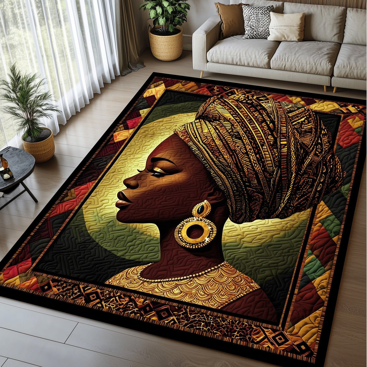 Golden Queens area rug in a living room