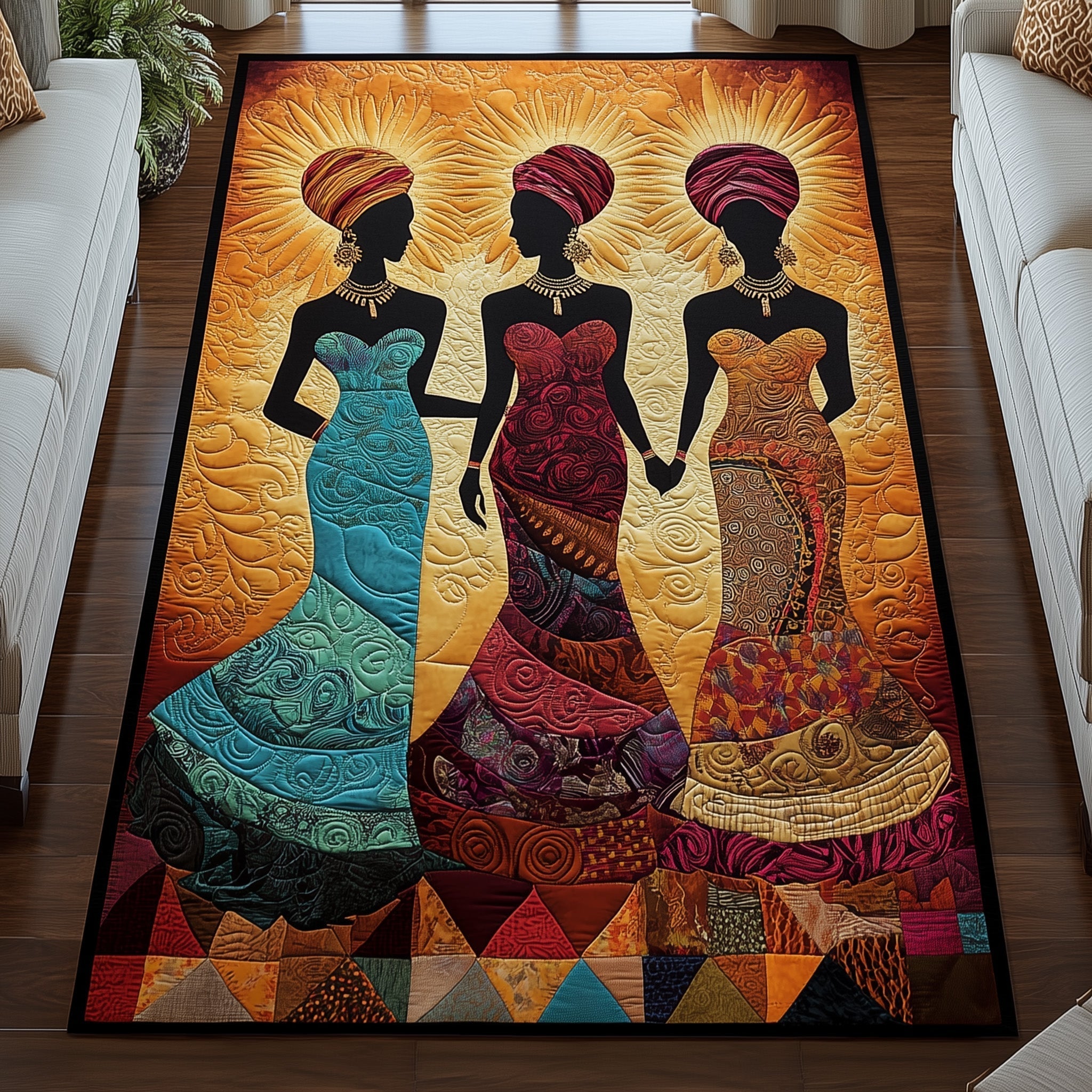 Golden Queens area rug in a living room