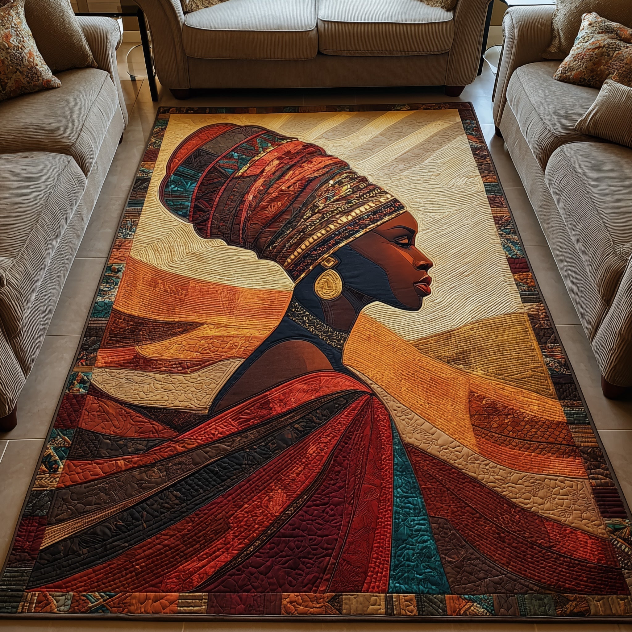 Golden Queens area rug in a living room