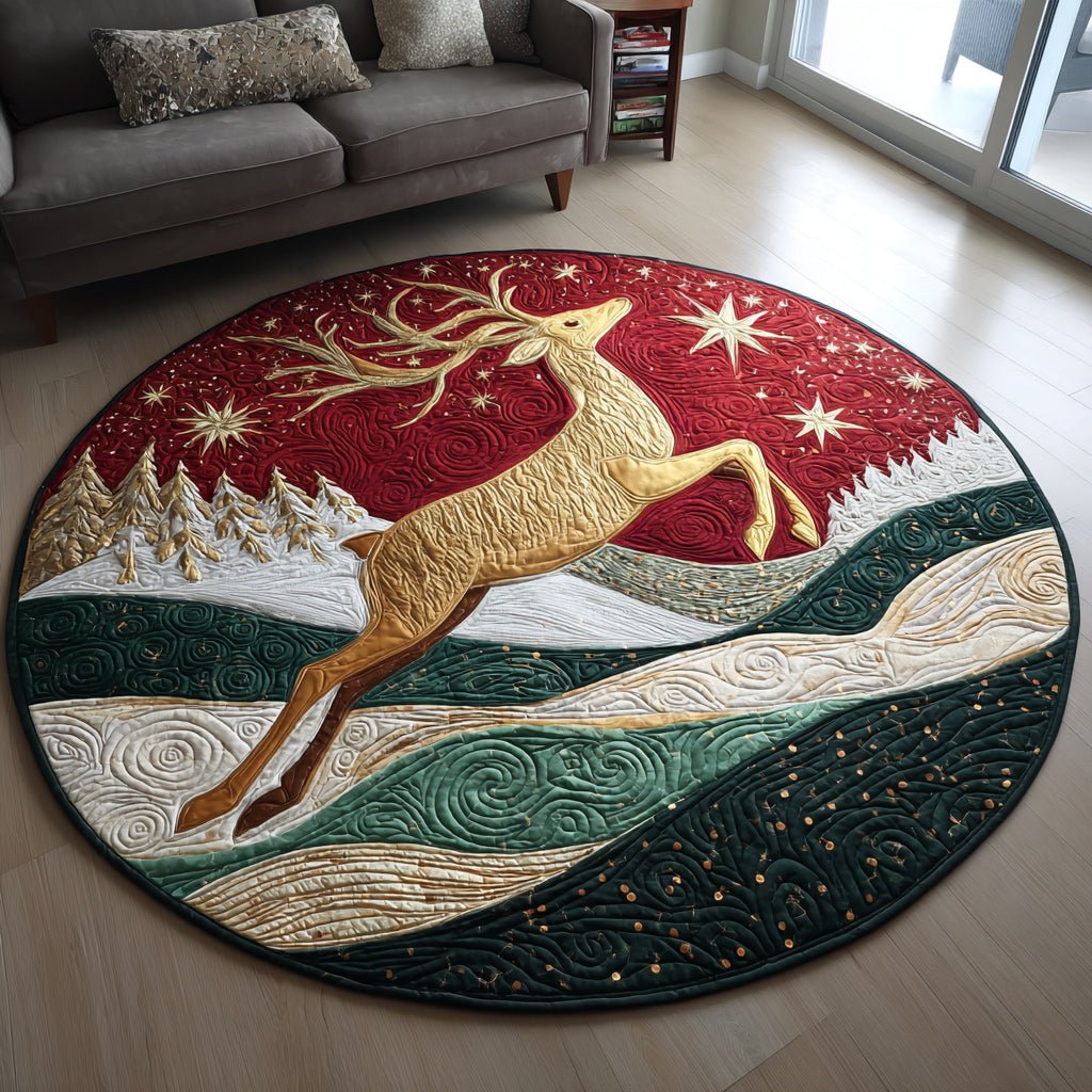Golden Reindeer Christmas Round Mat Rug - washable non-slip printed rug