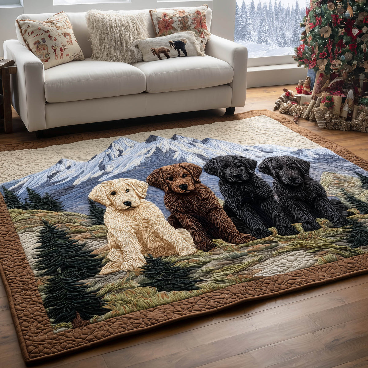 Golden Retriever Gang area rug in a living room