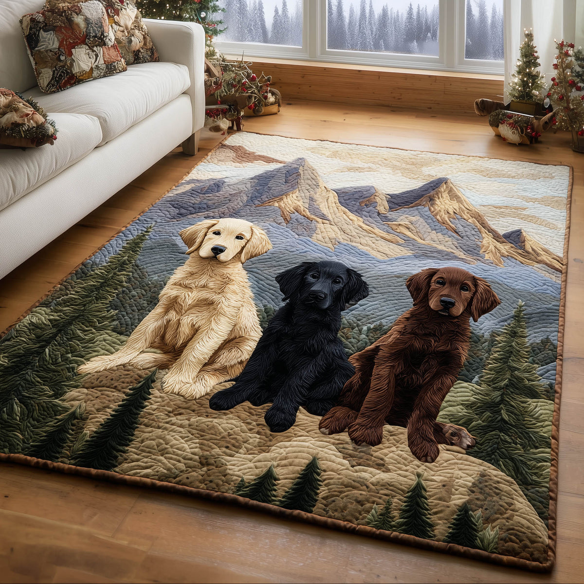 Golden Retriever Gang area rug in a living room
