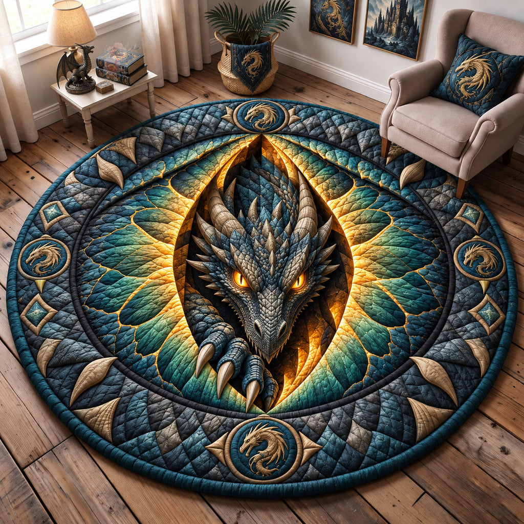 Golden Rift Dragon Round Mat Rug - Cute Animal Design | Charming Home Decor - washable non-slip printed rug