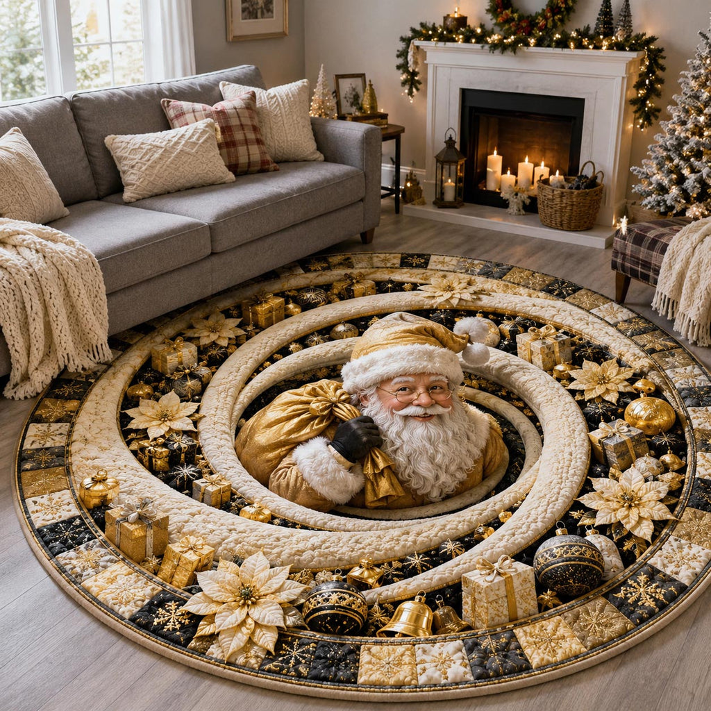 Golden Santa Spiral Round Mat Rug - Seasonal Design | Festive Home Decor - washable non-slip printed rug