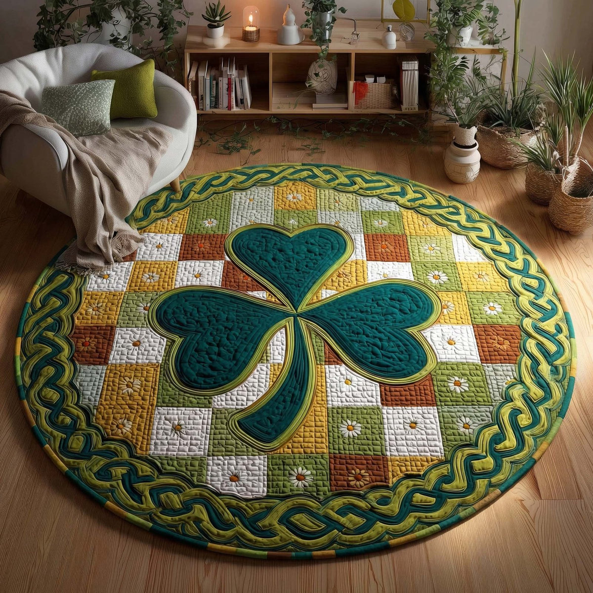 Golden Shamrock Round Mat Rug - washable non-slip printed rug
