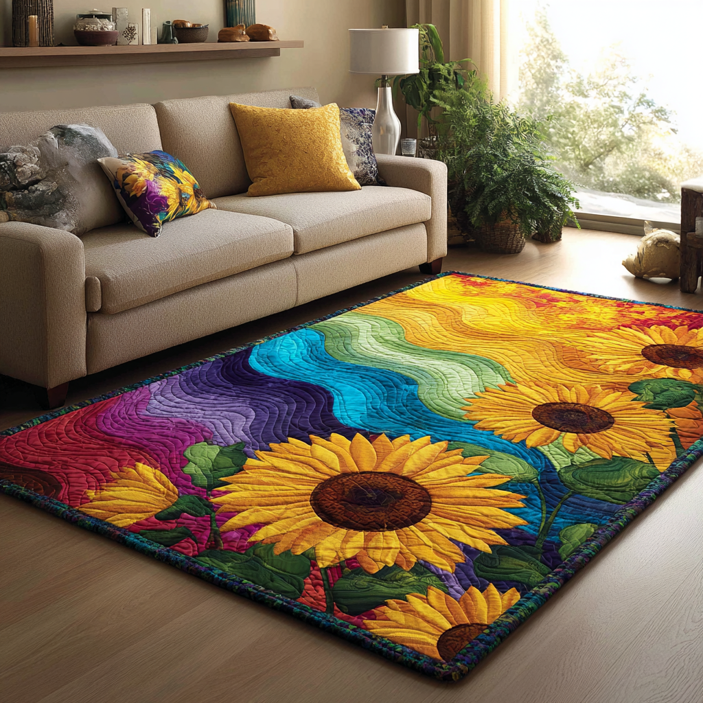 Golden Sunflower area rug in a living room