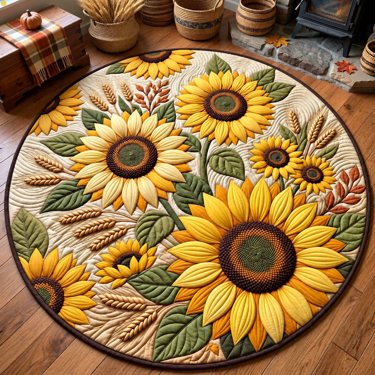 Golden Sunflower Harvest Round Mat Rug - Nature Design | Serene Home Decor - washable non-slip printed rug