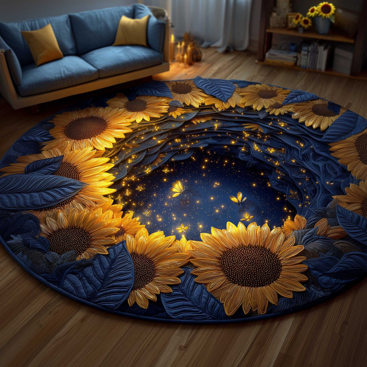Golden Sunflower Round Mat Rug - washable non-slip printed rug
