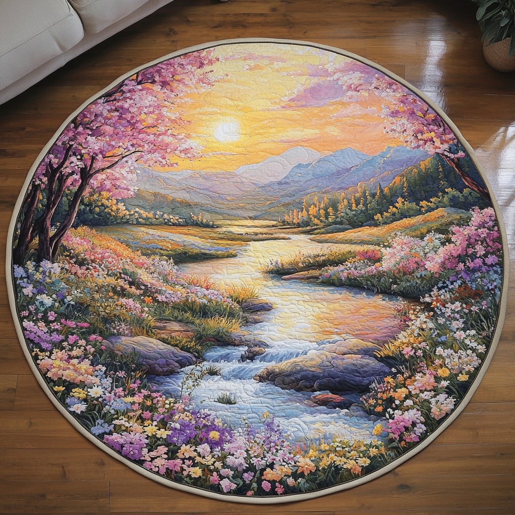 Golden Sunset River Round Mat Rug - washable non-slip printed rug
