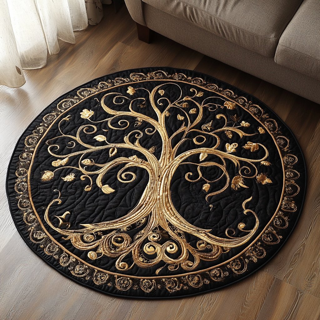 Golden Tree Round Mat Rug - washable non-slip printed rug