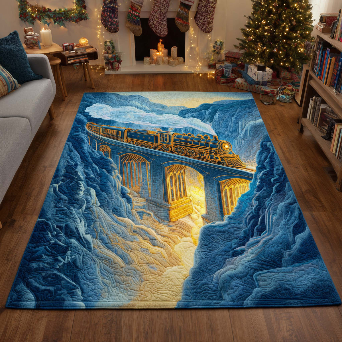 Golden Twilight Express area rug in a living room