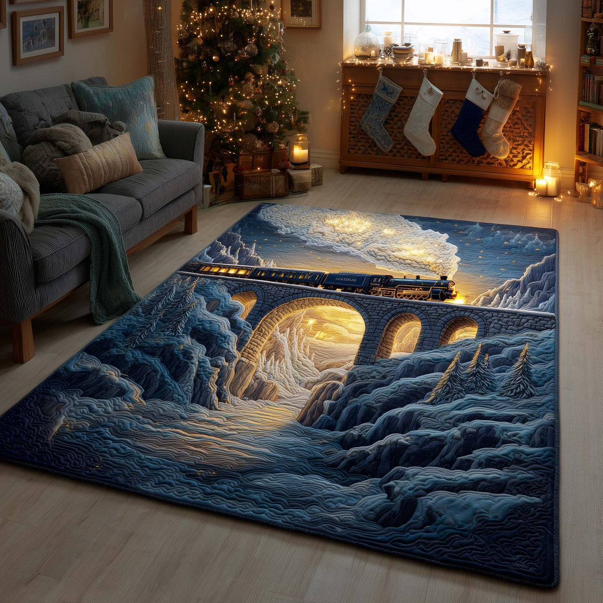 Golden Twilight Express area rug in a living room