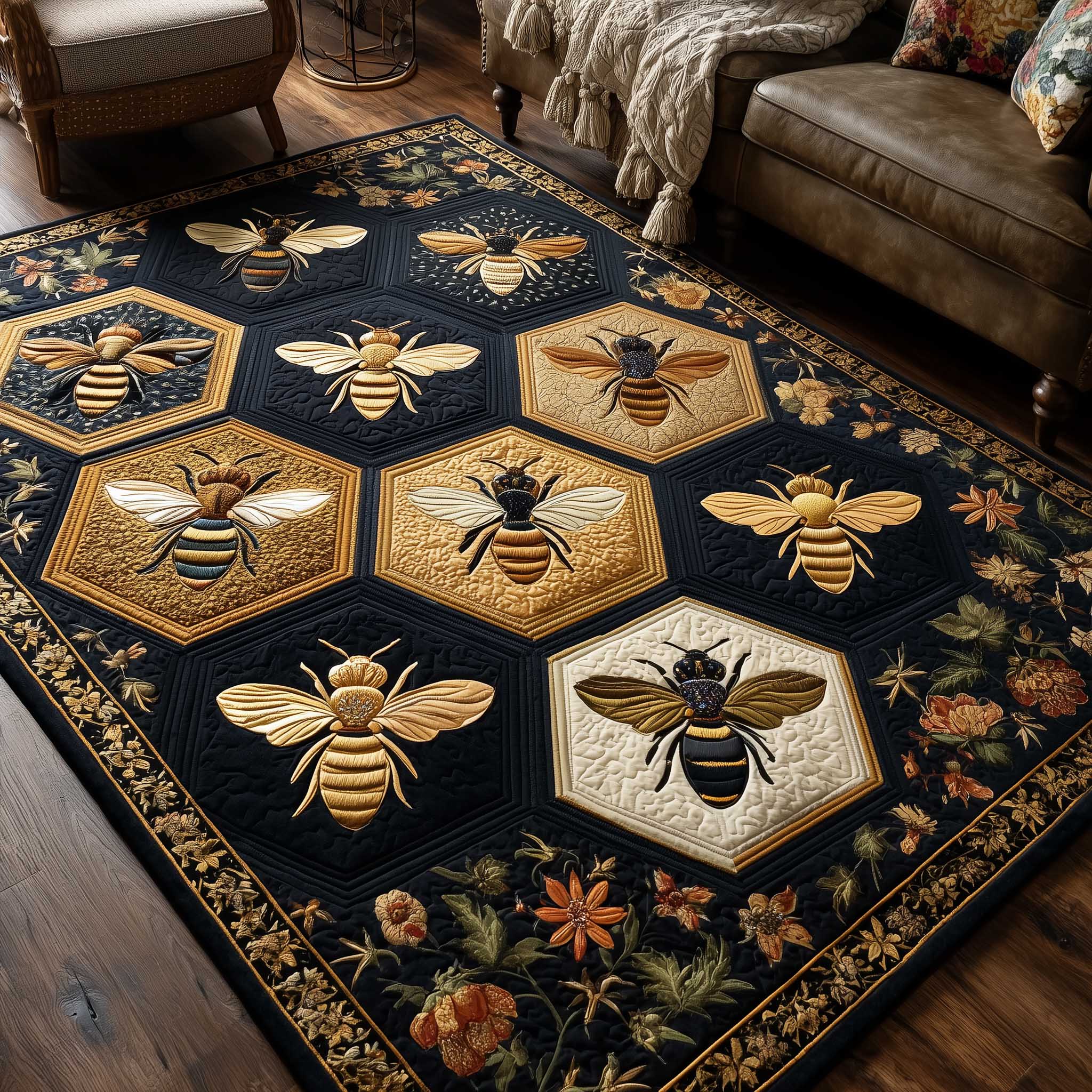 Golden Wing area rug in a living room