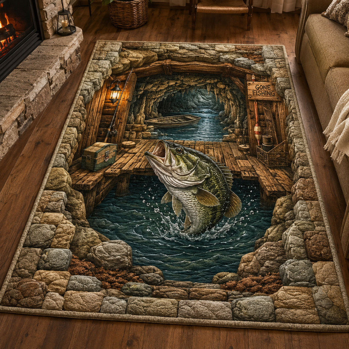 Gone Fishing Cave Dock area rug in a living room
