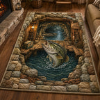 Gone Fishing Cave Dock area rug in a living room