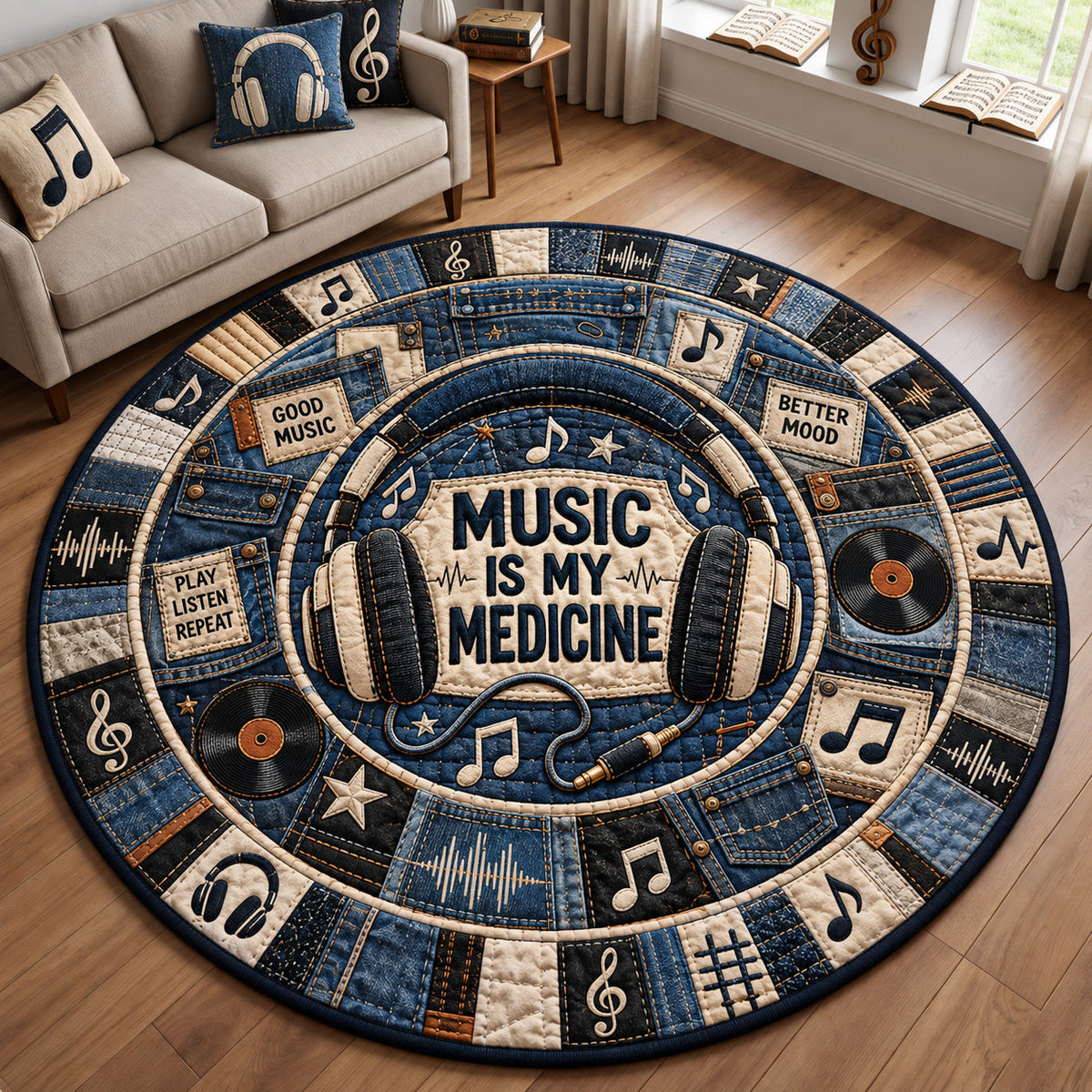 Good Music Better Mood Round Mat Rug - Nature Design | Serene Home Decor - washable non-slip printed rug