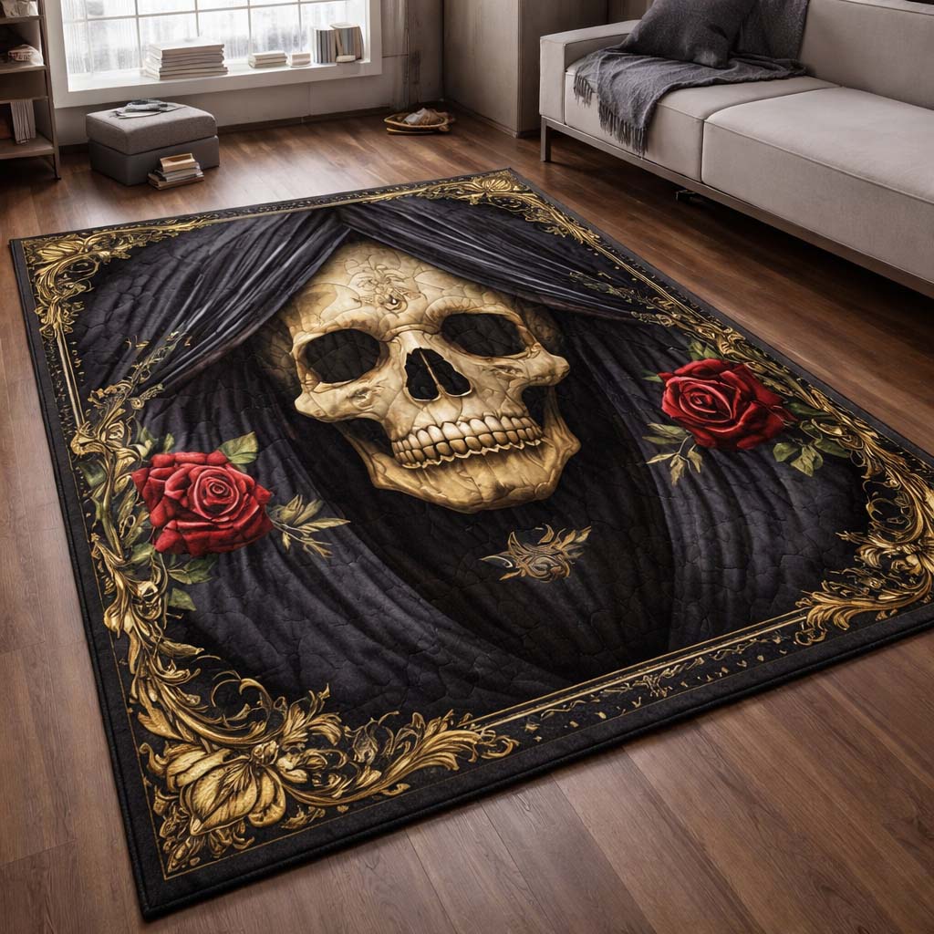 Gothic Curtain Skull area rug in a living room