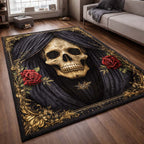 Gothic Curtain Skull area rug in a living room