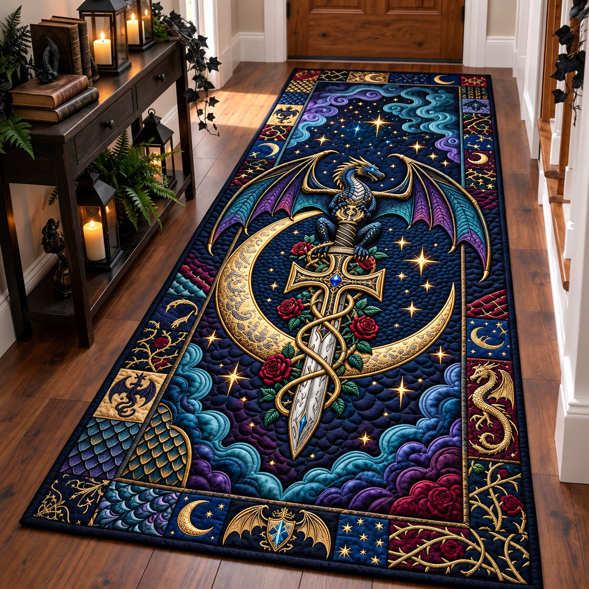 Gothic Dragon Runner Rug - Cute Animal Design | Charming Runner Rug - washable non-slip printed rug