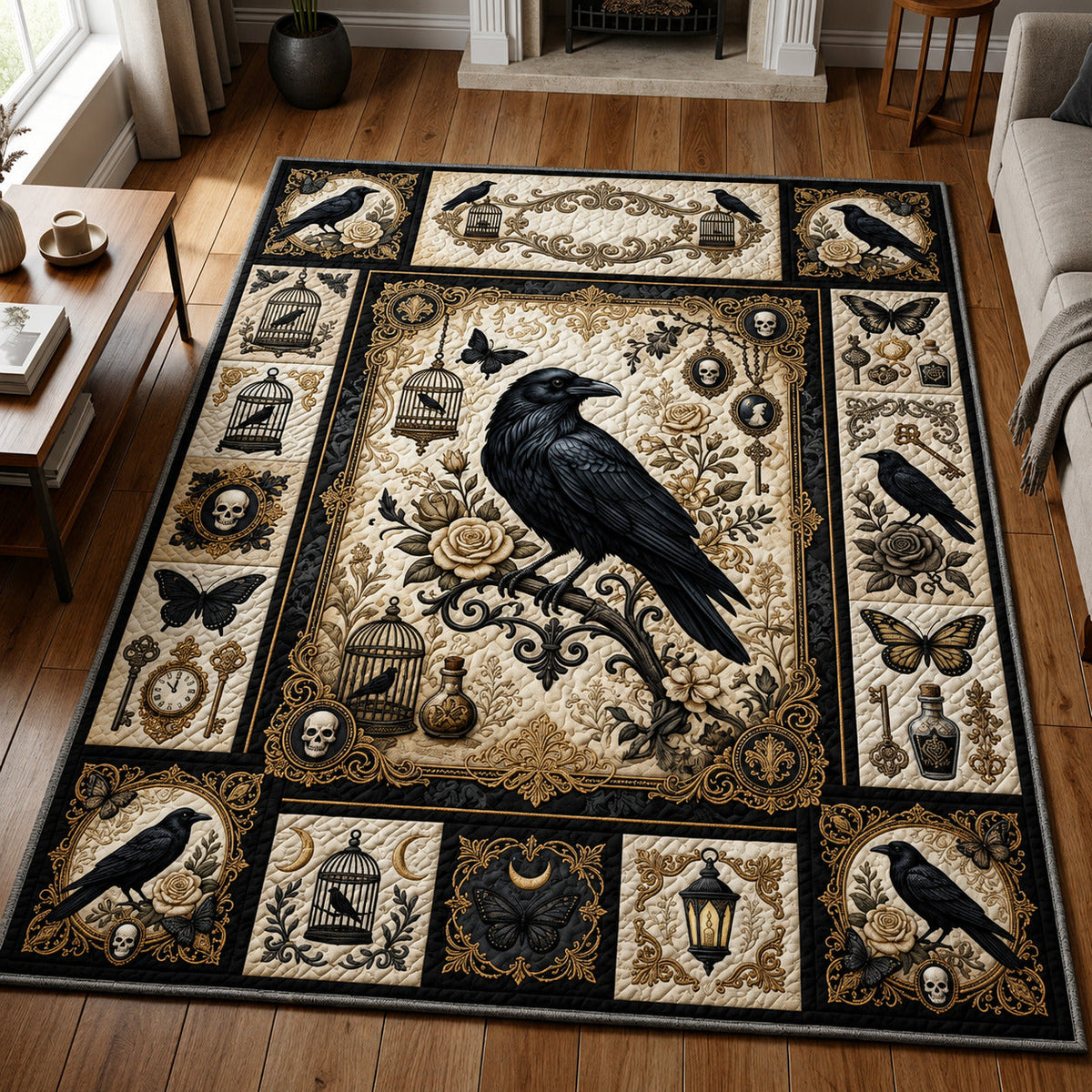 Gothic Raven area rug in a living room