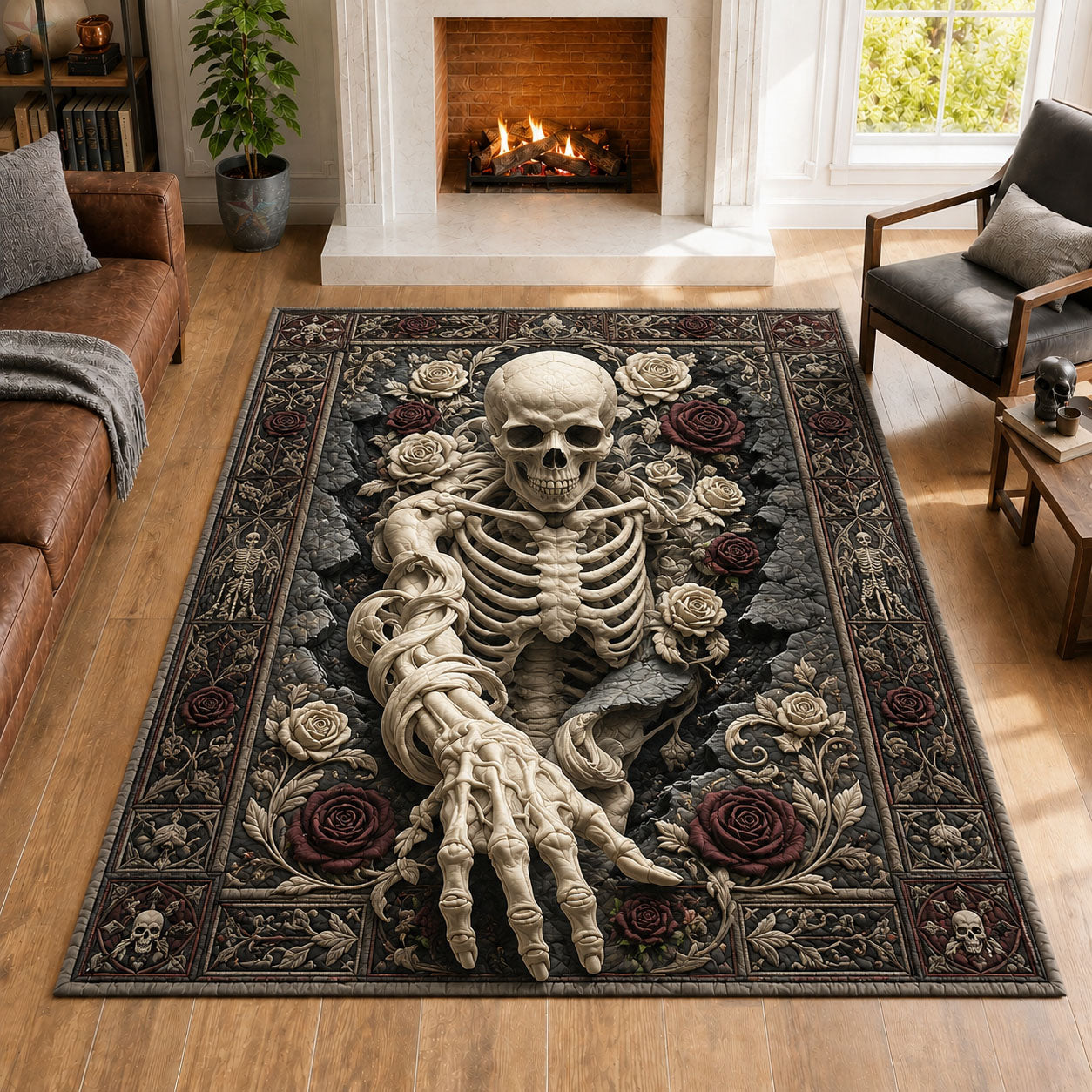 Gothic Skeleton Black Rose Halloween area rug in a living room